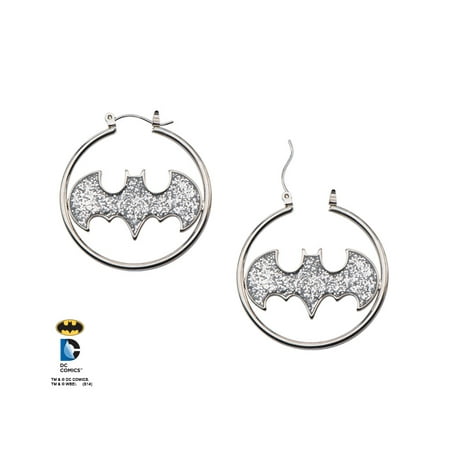 DC Comics Batman Silver Glitter Bat Logo Stainless Steel Hoop Earrings