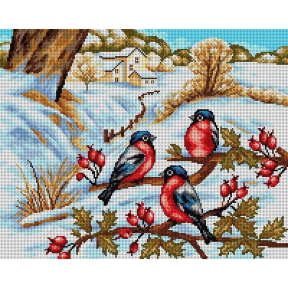 Needlepoint canvas for halfstitch without yarn Winter Landscape with Bullfinches 2421M
