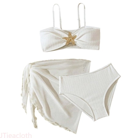 JTieacloth Girls 3 Piece Bikini Set Girls 3 Piece Swimwear Long Sleeve Rash Guard Swim Shirt With Bikini Bottom And Skirt For Sun Swimming Pool Beach White 8-9 Years