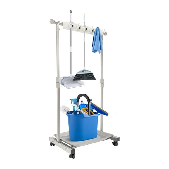 Miumaeov Movable Mop Broom Holder Stainless Steel Floor Mounted Hanger Cleaning Tool Organizer Rack