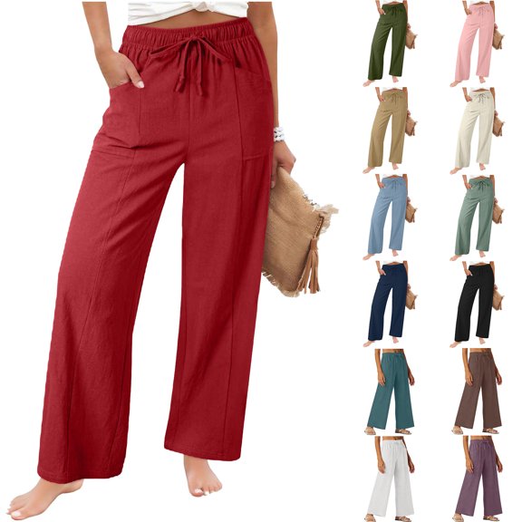 Admvng Womens Cotton Linen Pants Casual Drawstring Elastic Waist Wide Leg Summer Trousers