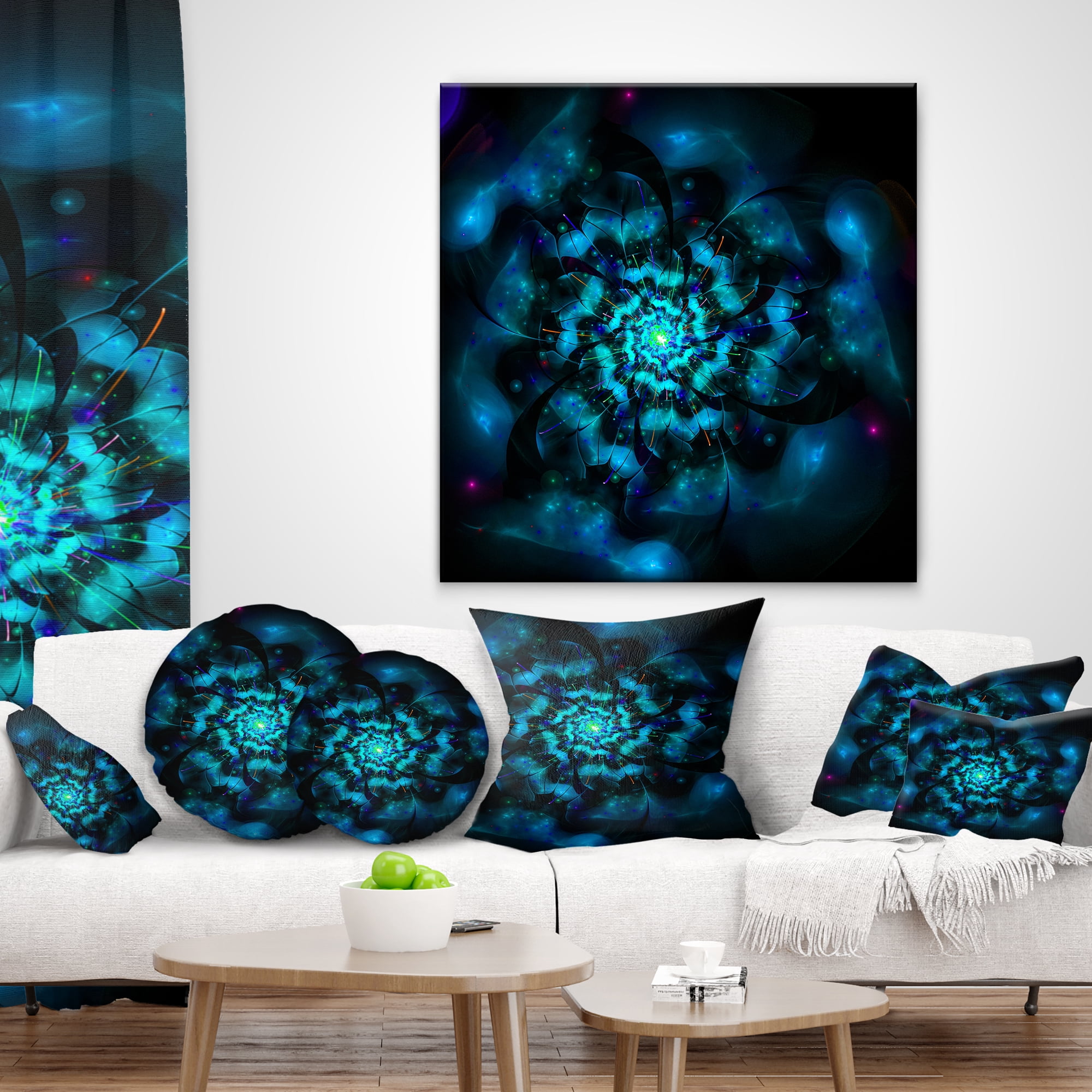 Designart Perfect Fractal Flower in Black and Blue - Floral Throw Pillow - 18x18