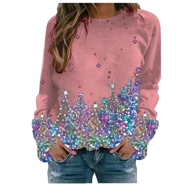 WEAIXIMIUNG Robe Chandail en Molleton Filles Femmes Noël Col Rond Haut Unique Imprimé Chandail en Molleton Sans Capuche