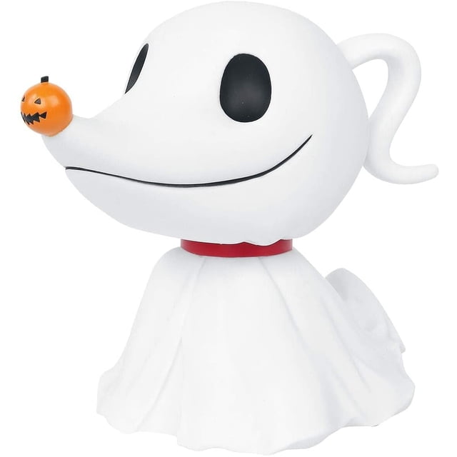 monograma de money bank nightmare before christmas zero pvc alcancía figura blanca multicolor, vista frontal con cabeza de fantasma y hocico alargado, nariz naranja tipo calabaza, ojos ovalados negros, sonrisa trazada, base en forma de sábana plisada y asa espiral trasera; adecuada para exhibir en repisas.