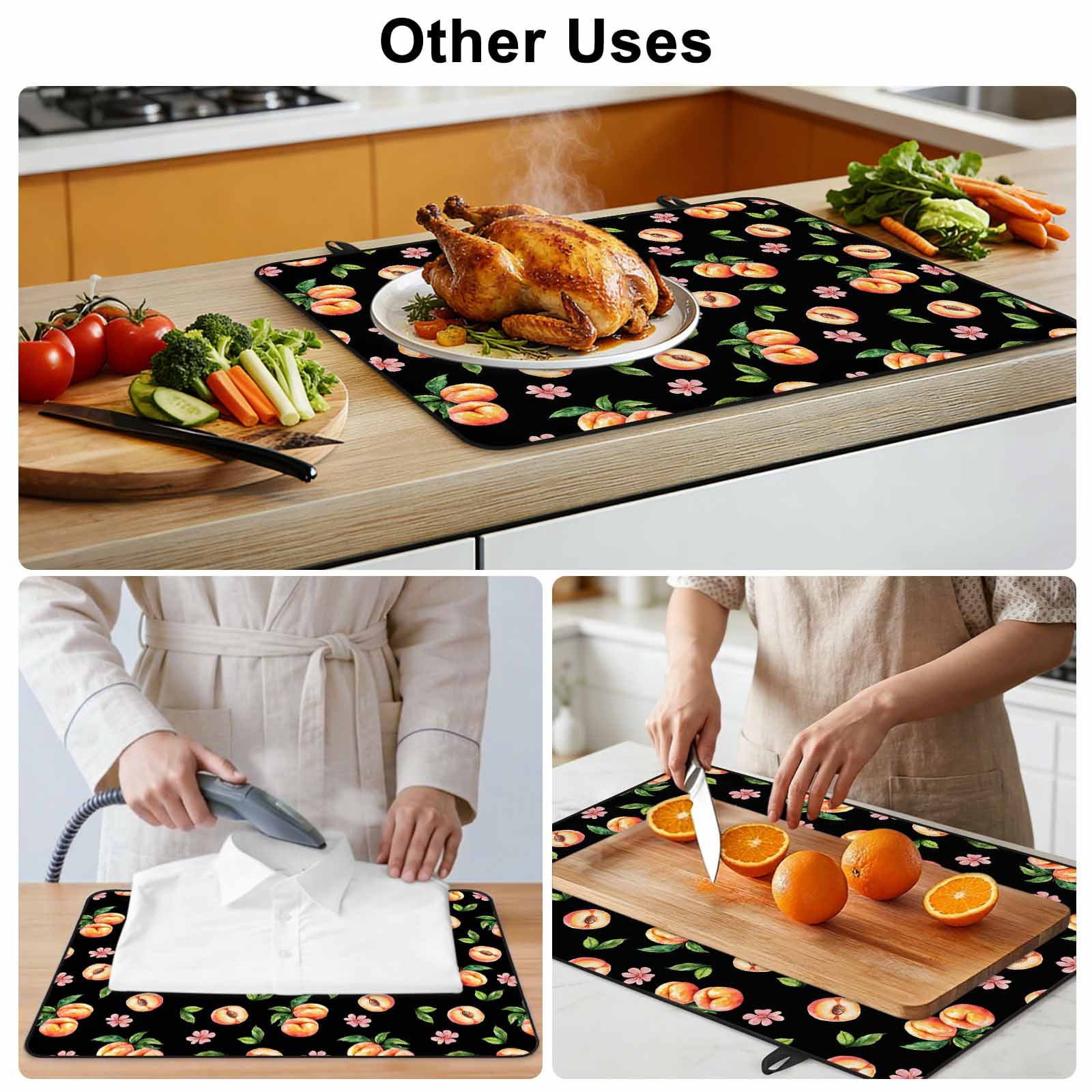Peaches Stove Top Cover for Electric Stove, Heat-proof & Non Slip Glass Top Stove Cover Protector, Summer Fruit Flowers Spring Watercolor Black Kitchen Flat Cooktop Rubber Mat 24x21 Inches