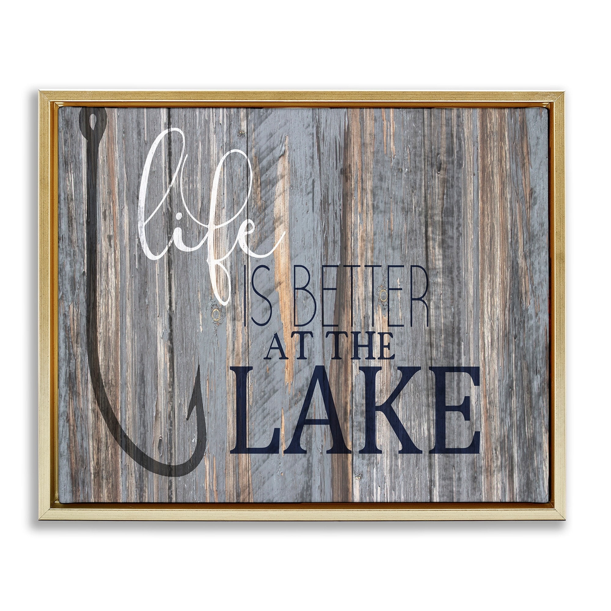 Stupell Industries Life Better Lake Quote Fish Lakehouse Cabin Nautical Phrase Metallic Gold Framed Floating Canvas Wall Art, 16x20, by Kim Allen