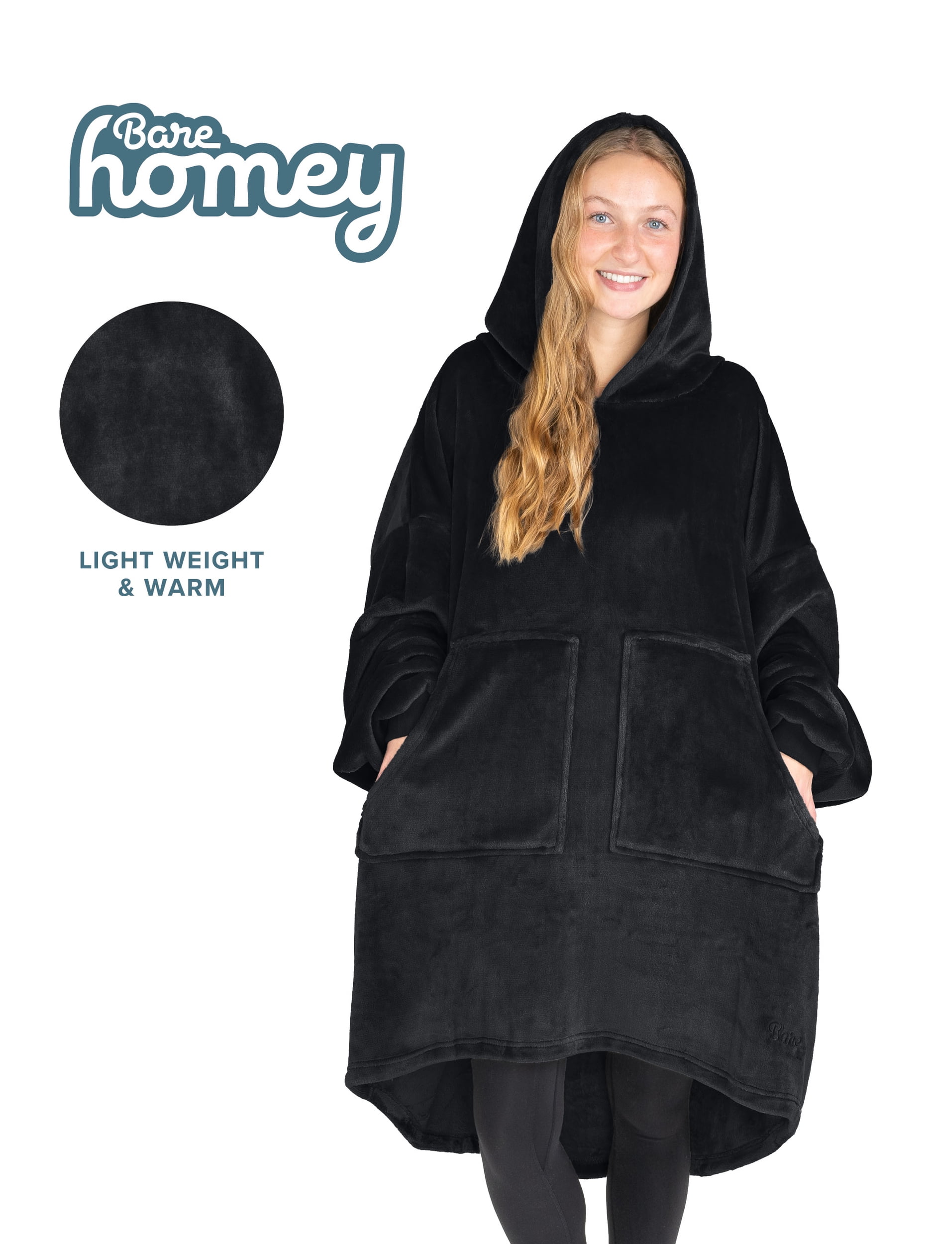 Bare Homey Adult Size Microplush Wearable Blanket, Split Front Pocket, Black