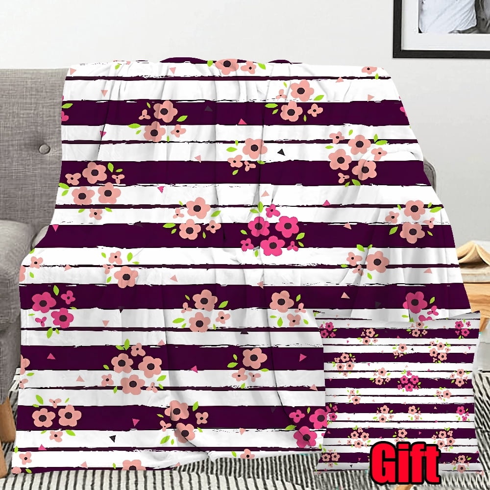 Striped Floral Print Throws Blanket With Pillow Case Bed Sofa Living Room Comfortable and Warm ...