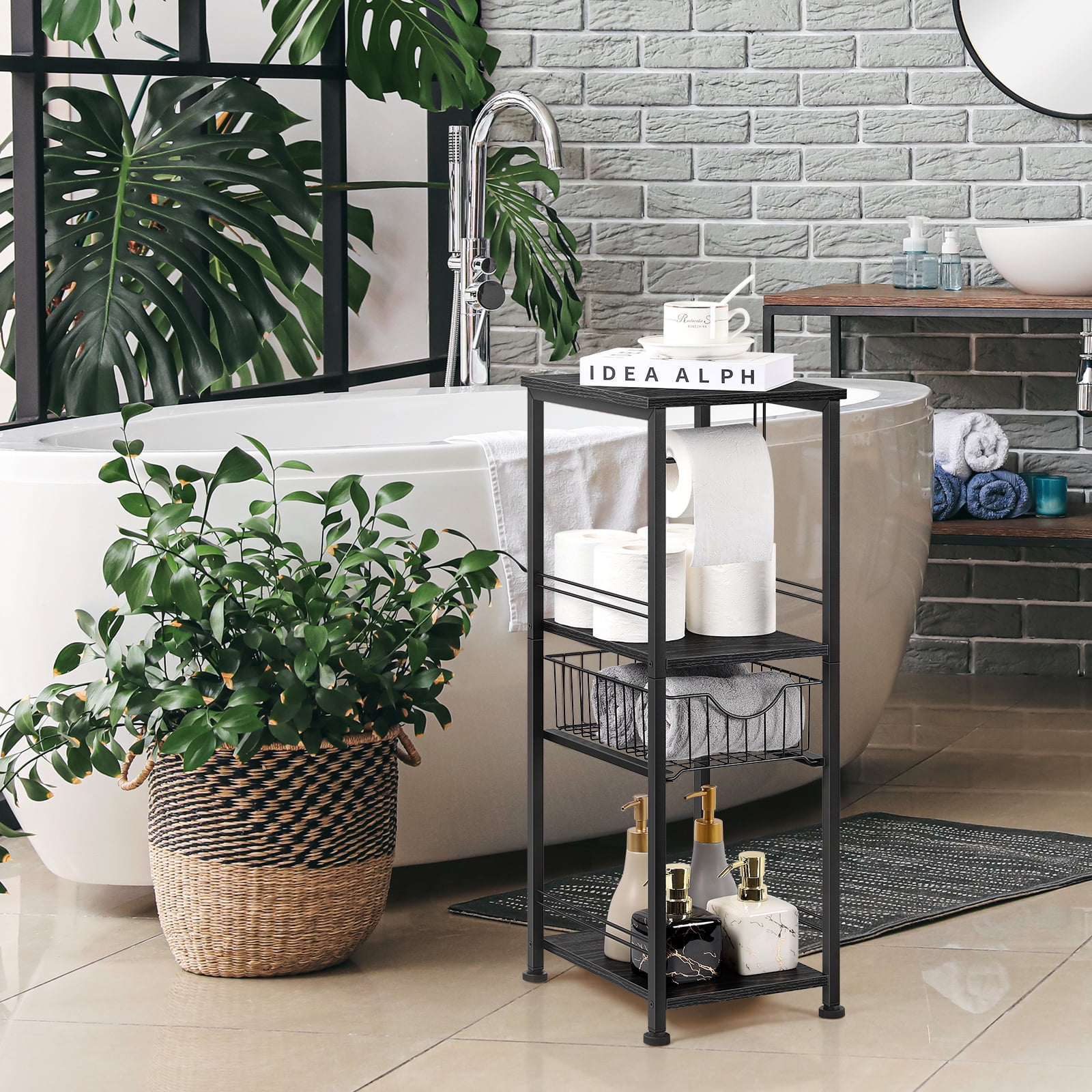 Black Freestanding Bathroom Storage Cabinet with Drawer & Toilet Paper Holder - Narrow Side Shelf for Towel, Toiletries, Laundry Room, Kitchen Pantry