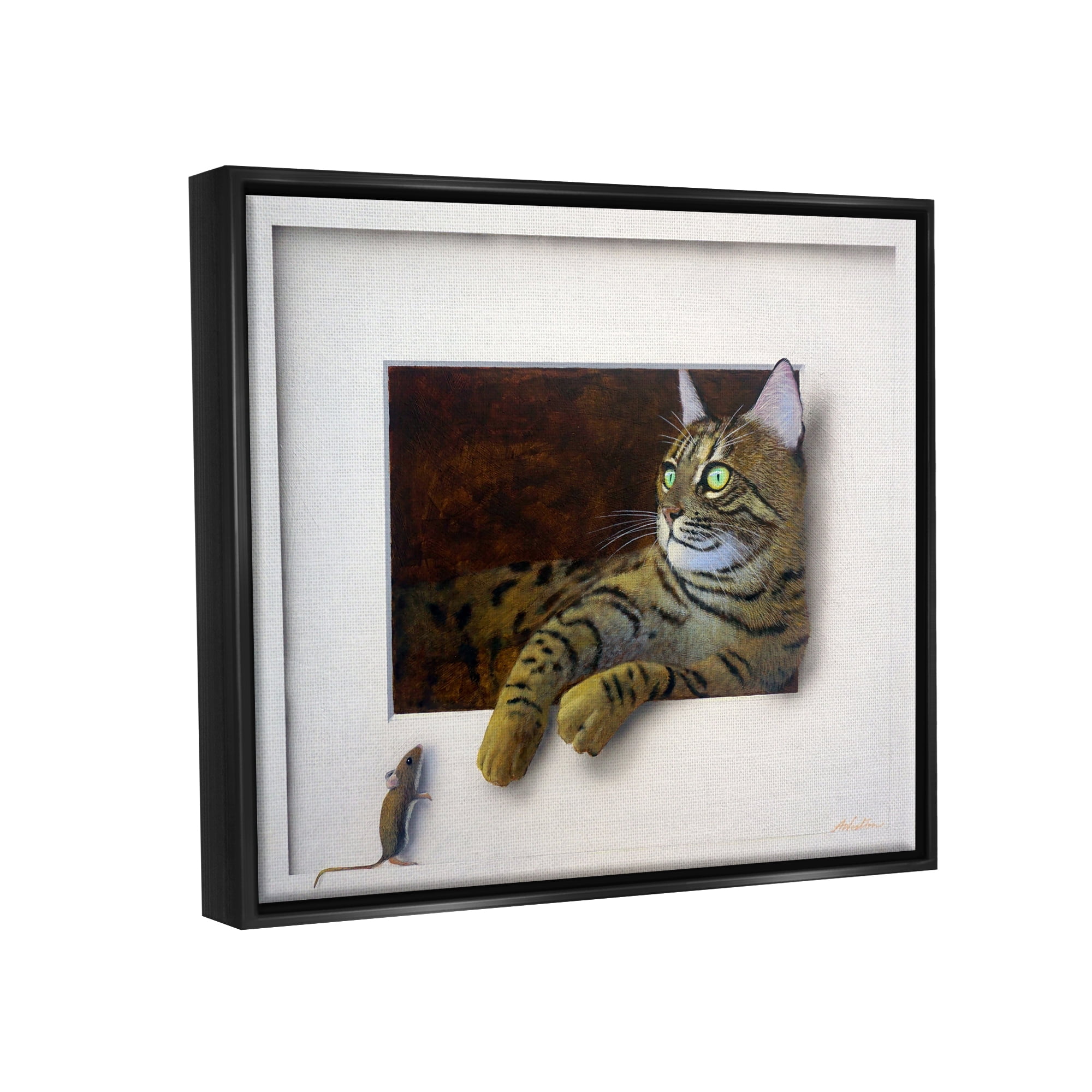 Stupell Industries Manx Cat Resting Curious Mouse Peering Illusion Painting Jet Black Floating Framed Canvas Print Wall Art, Design by Alan Weston