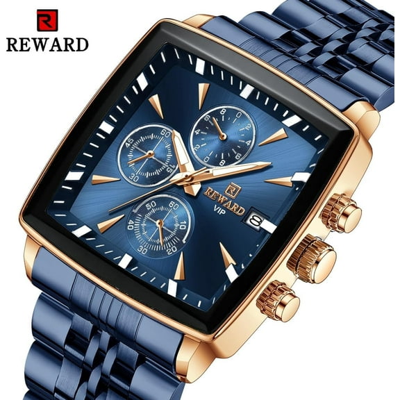 Square Watches for Men Blue Stainless Steel Chronograph Fashion Business Watch Luminous Waterproof Casual Wrist Watches