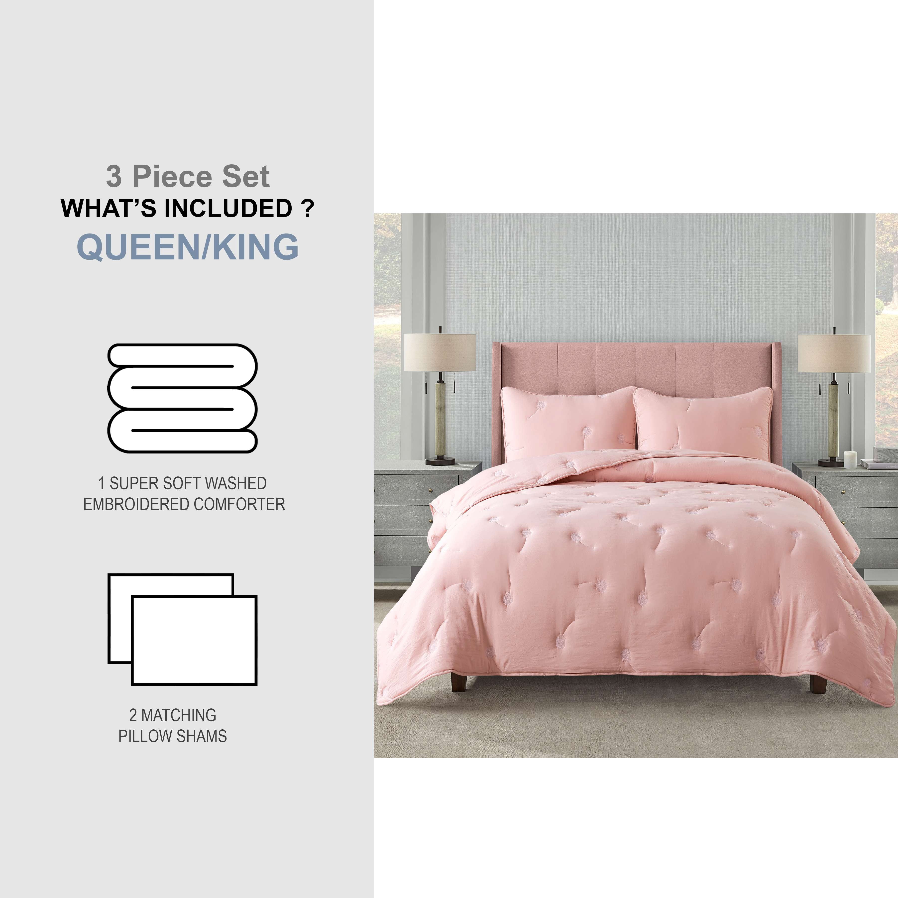 NSH by New Sega Home, 2-Piece Comforter Set, Embroidered Dandelion, Pink, Bed in a Bag, King