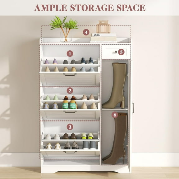 danpinera Home 3-Tier Flip Drawer Shoe Cabinet, Slim White Entryway Shoe Storage with Adjustable Shelves & Drawer, Narrow Freestanding Organizer for Closet & Hallway