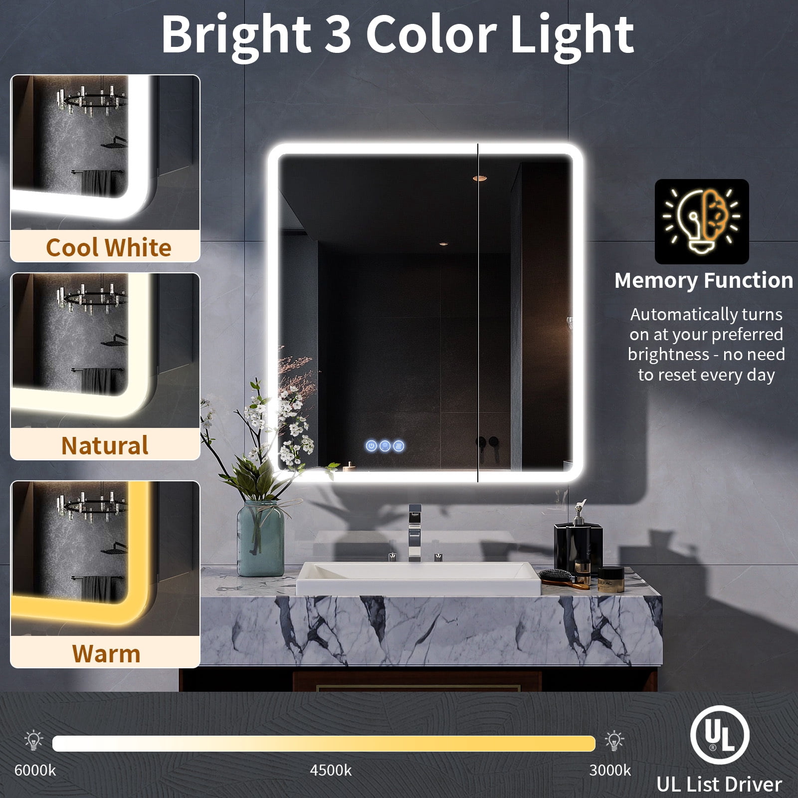 BEAUTYPEAK 30" x 32" Bathroom LED Mirror Medicine Cabinet with Storage Adjustable 3 Color Temperature