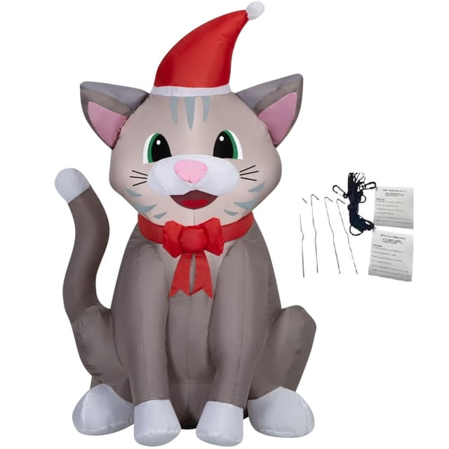 Gato atigrado inflable navideño con gorro de Santa y LED de 89 cm