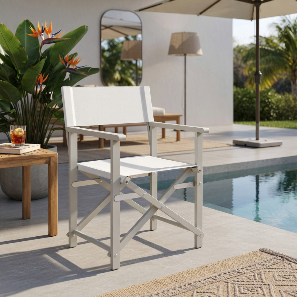 Hommoo Folding Director Chair, Off-White Oxford Fabric & Solid Acacia Wood Frame, Lightweight Outdoor Patio Chair with Machine-Washable Seat, Beige