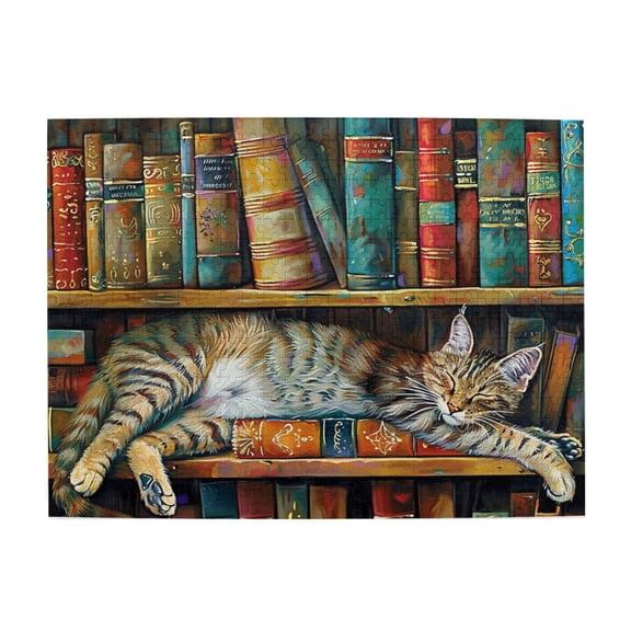 500 PCS 500 piece Wooden puzzle for adults cat sleeps on the bookshelf,Stunningly Vibrant Colors,500 Piece Jigsaw Puzzle for Adults Challenging Puzzle Perfect for Game Nights,Gift for Cat Lovers