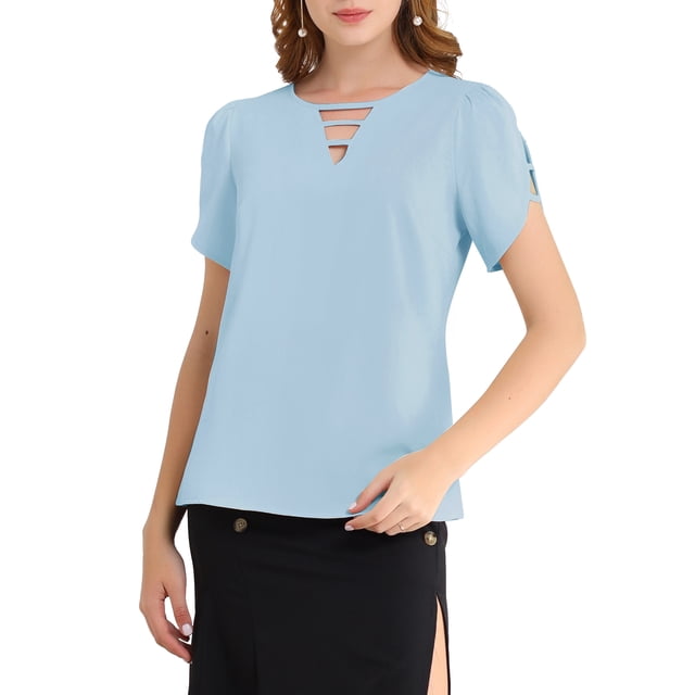 INSPIRAR CHIC Blusa de Cuello en V con Corte para Mujeres, Top Casual con Mangas Cortadas, Talla S, Azul Claro