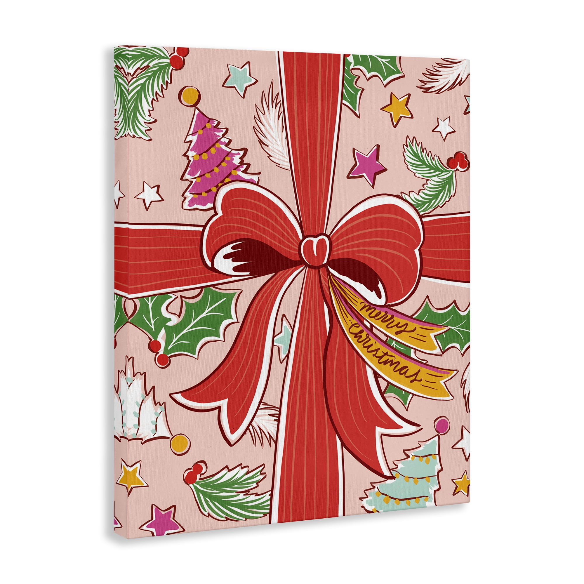 Stupell Industries Christmas Bow and Trees Holiday Painting Gallery Wrapped Canvas Art Prints Wall Art, 16 x 20
