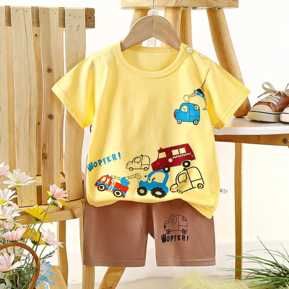 UAYOTSE Boys Casual Cartoon Short Sleeve Two Piece Outfit, Breathable Comfortable Short Sleeve and Shorts Suit Size 18-24 Months