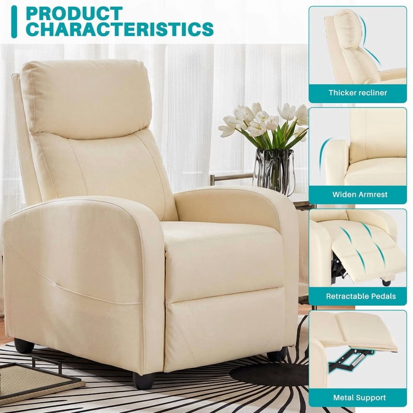 Gianna Recliner Chair No Massage, Home Theater Seating with Lumbar Support, Adjustable Push Back Overstuffed High-Density Sponge Reclining for Living Room, Beige