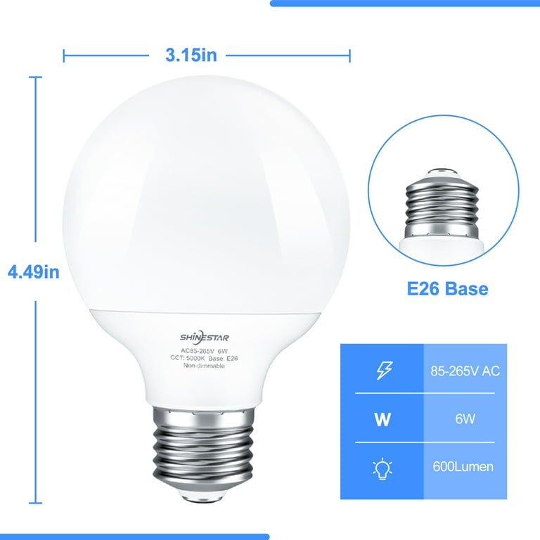 Shinestar 4 Pack G25 Globe Light Bulbs, Warm White 2700K, E26 LED Bulb 60 Watt Equivalent, Decorative Vanity Light Bulbs for Bathroom, Non-Dimmable