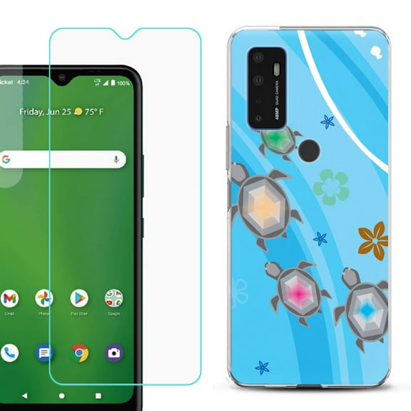 Slim-Fit Gel TPU Phone Case for Cricket Dream 5G, with Tempered Glass Screen Protector, by OneToughShield ® - Happy Turtle