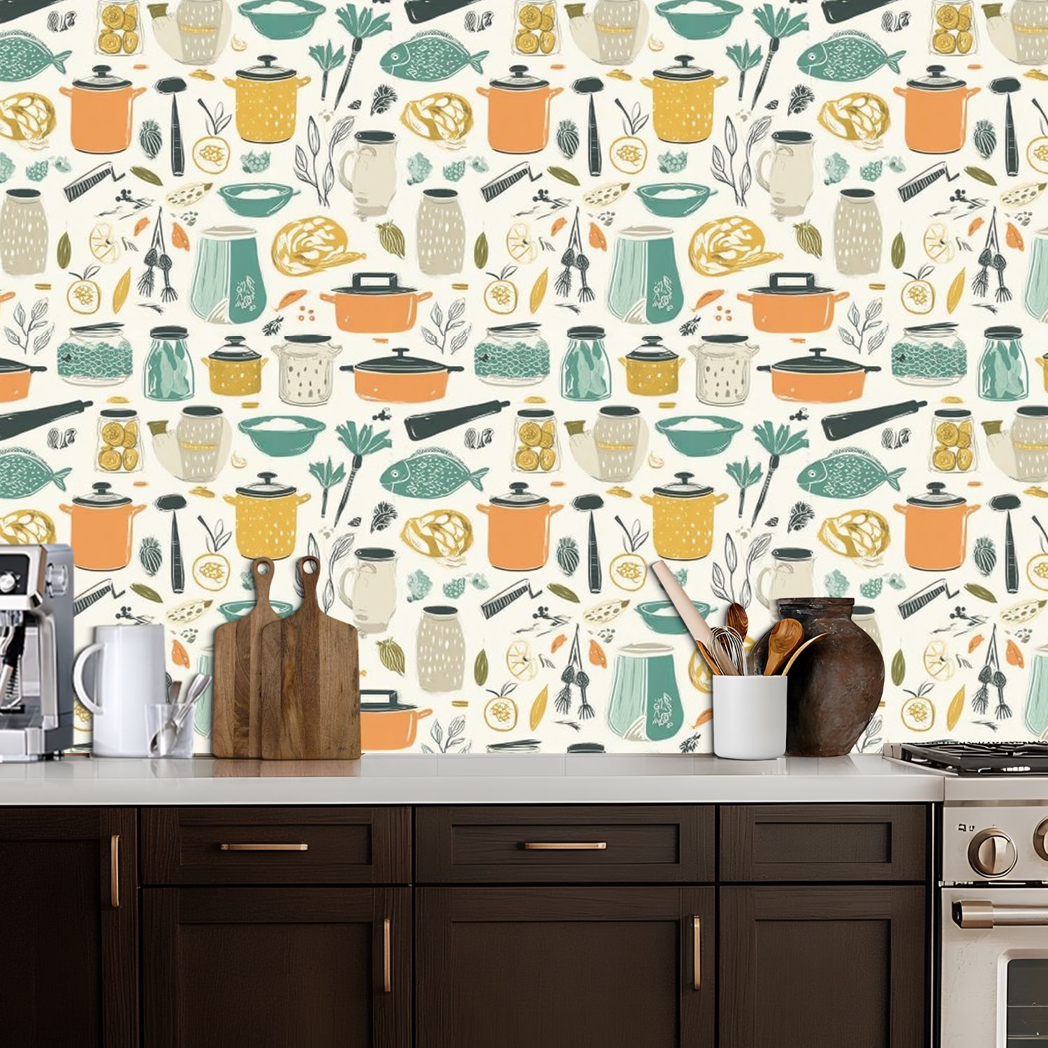Peel and Stick Wallpaper 17.7in x 9.8ft Kitchen Utensils Food Ingredients Warm Tones Contact Paper Vinyl Self-Adhesive Removable Wall Paper for Bedroom DIY Home Decor Renter Friendly