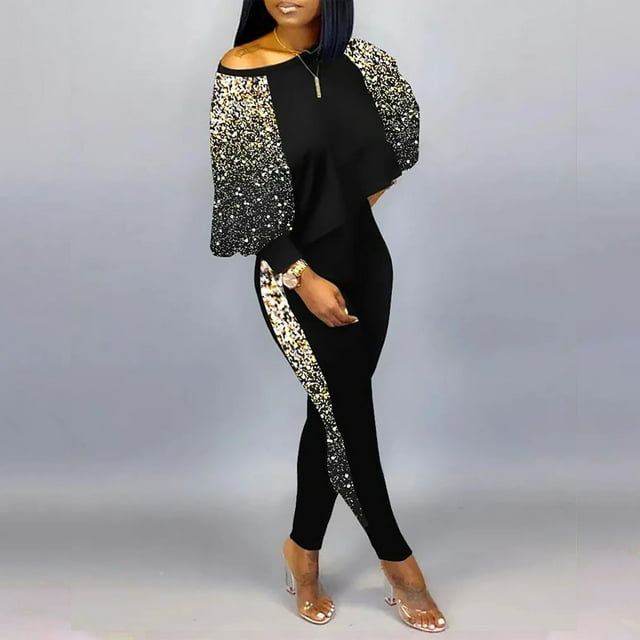jovatis Ensembles 2 Pcs pour Femmes Mode Printemps et Été Imprimé Décontracté Col Rond Haut+pantalon