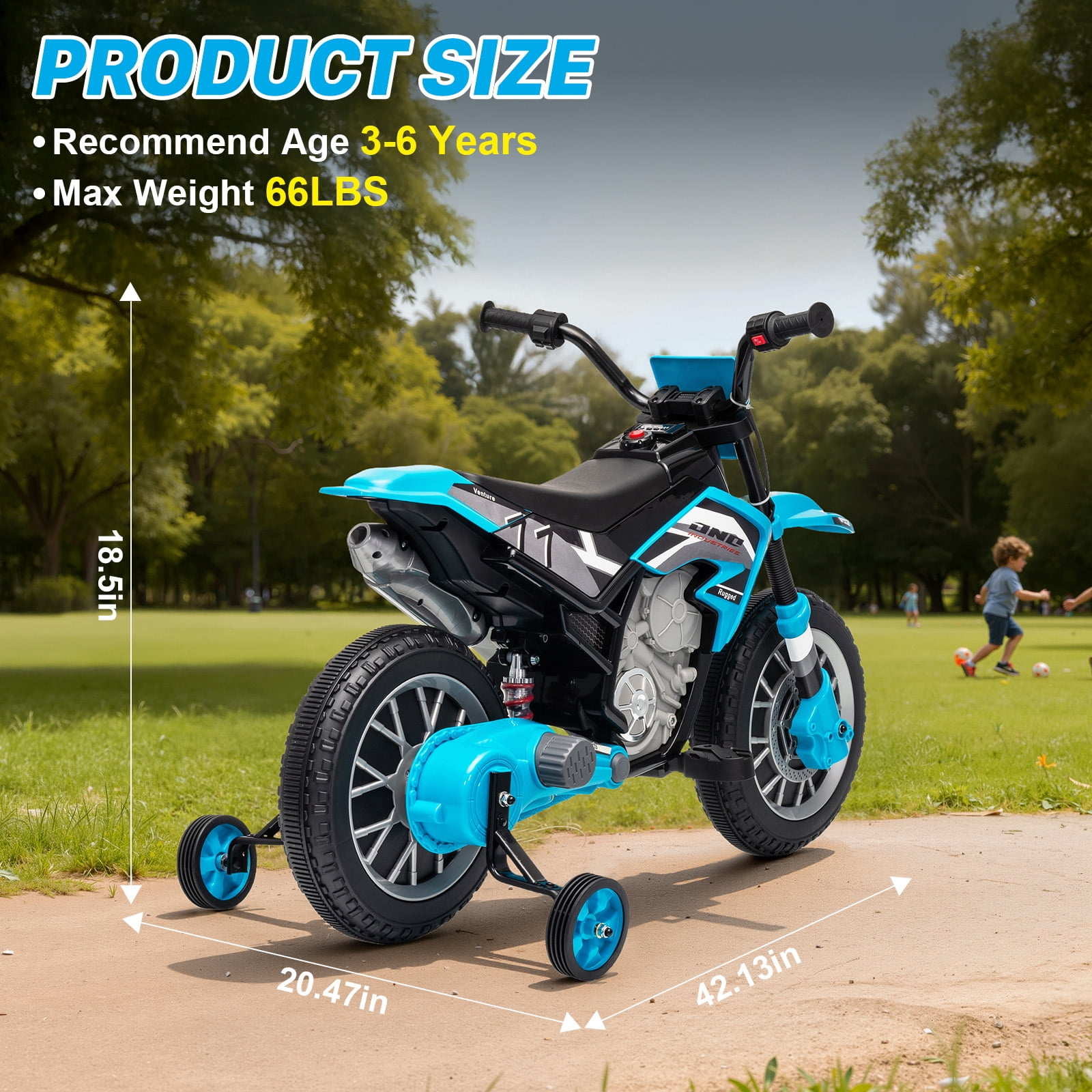 Mukidy 12V Electric Motorcycle for Kids Dirt Bike Ride on Toy Battery Powered Motorbike w/ Training Wheels, Age 3-8 Year Old, Blue
