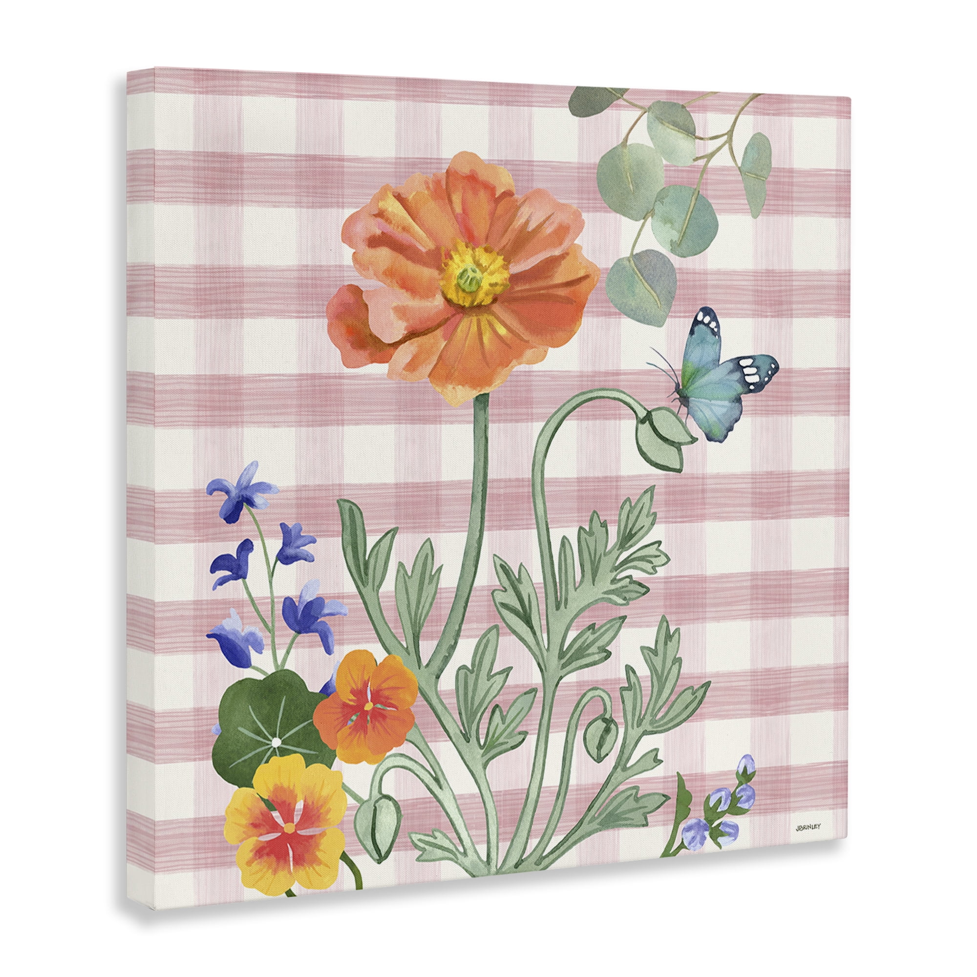 Stupell Industries Gingham Garden Poppy Botanical & Floral Painting Gallery Wrapped Canvas Art Print Wall Art, 24 x 24