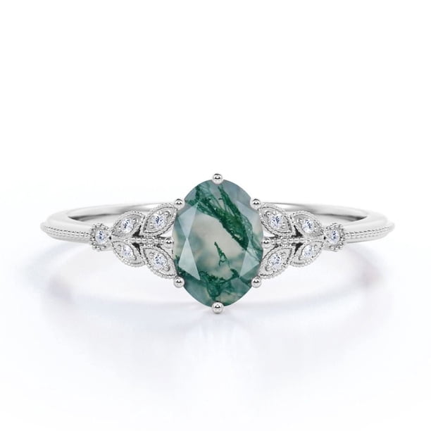 Anillo de Compromiso JeenMata 6 Puntas Filigrana Milgrain Ovalada 1,10 Ct Marquesa Racimo Moissanita Ágata Verde Musgo Natural Baño Oro Blanco 18K sobre Plata