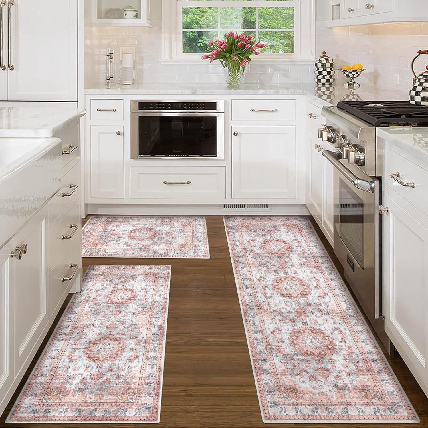 Kitchen Rugs Sets of 3 Kitchen Mats for Floor 3 Piece Set Non Slip Washable Pink Kitchen Mat Set Kitchen Runner Rug Carpet for Laundry Room Front Door