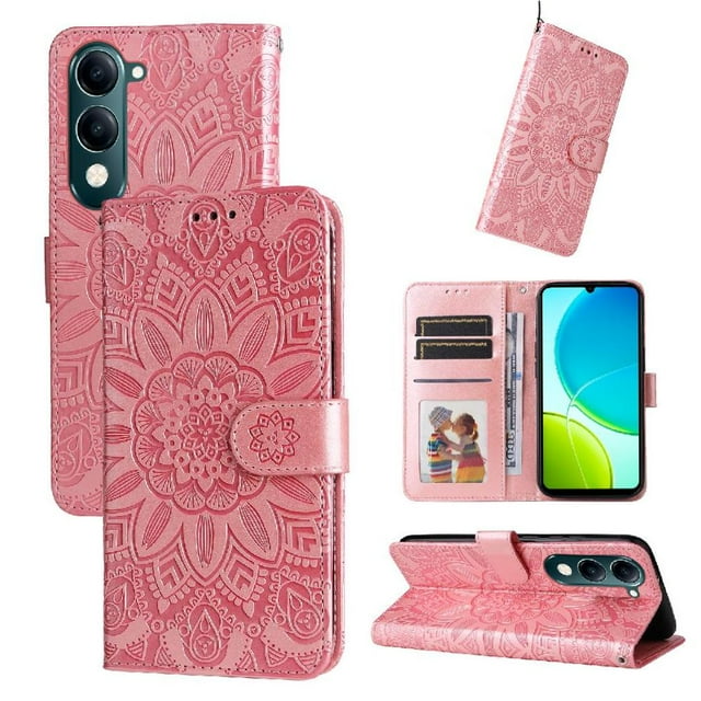 Funda tipo cartera GANGXUN para Vivo Y04 , diseño girasol, cuero PU, soporte, cierre magnético, tarjetero