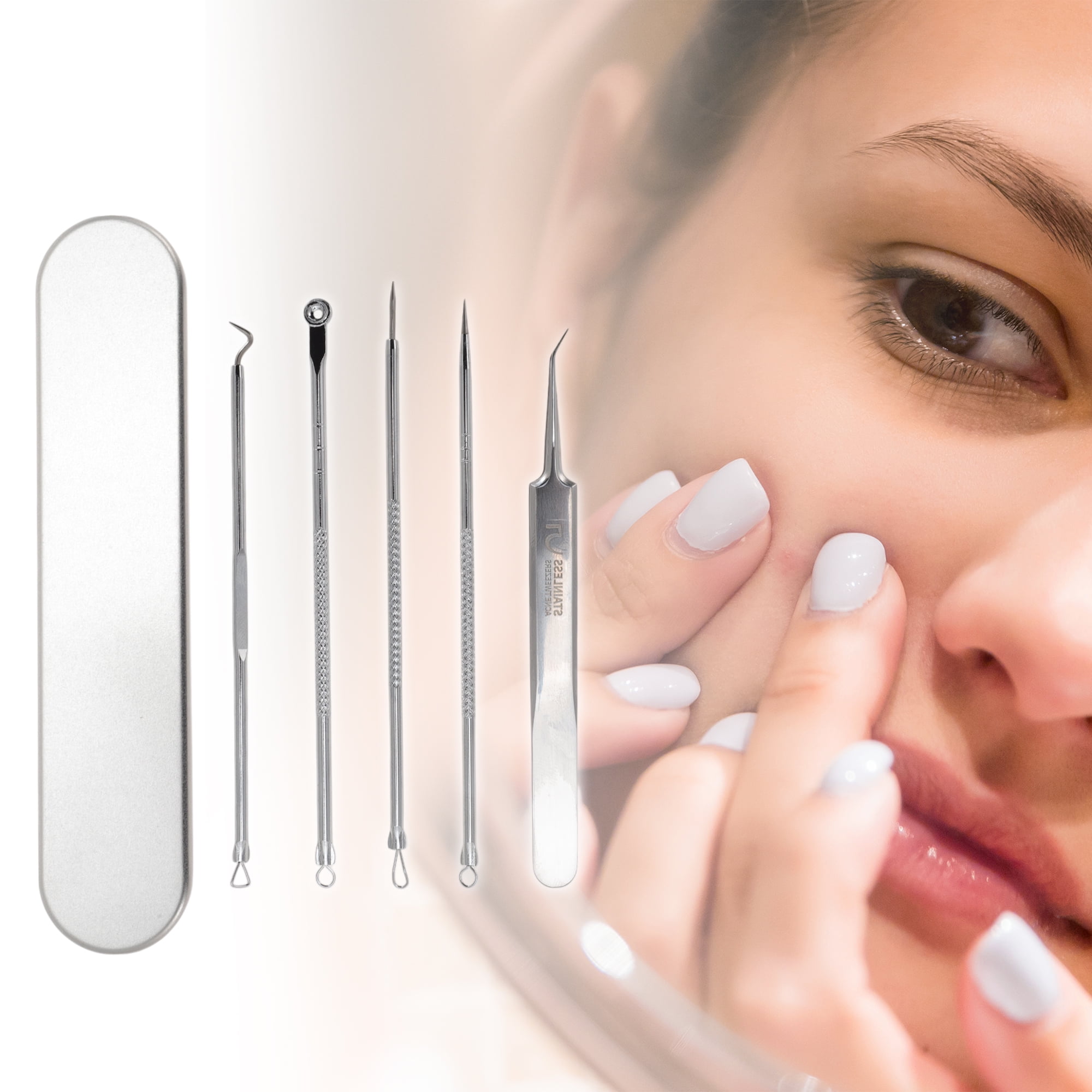 Unique Bargains 5pcs Straight Clamp Pimple Extractor Tool Set Silver Inclined Clamp