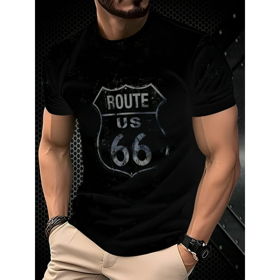 Men'S Vintage Route 66 Graphic T-shirt - 180gsm Cotton Short Sleeve Tee With Retro Americana Design, Regular Fit Casual Summer Outdoor Shirt, Machine Washable