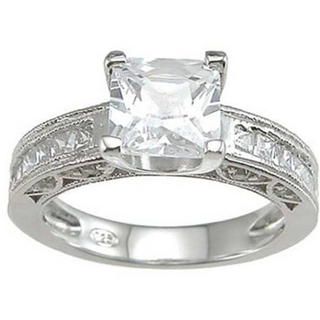 CZ Sterling Silver Rhodium Finish Princess Channel Wedding Ring