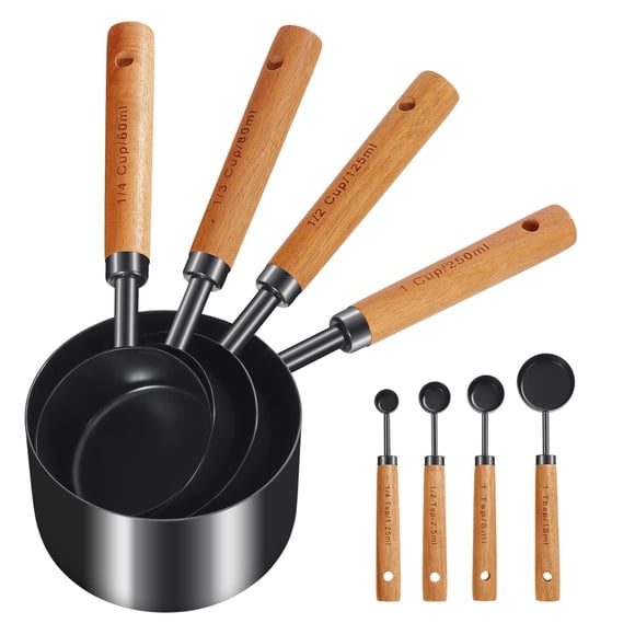 GuDoQi Set de 8 Piezas de Tazas y Cucharas Medidoras con Mango de Madera