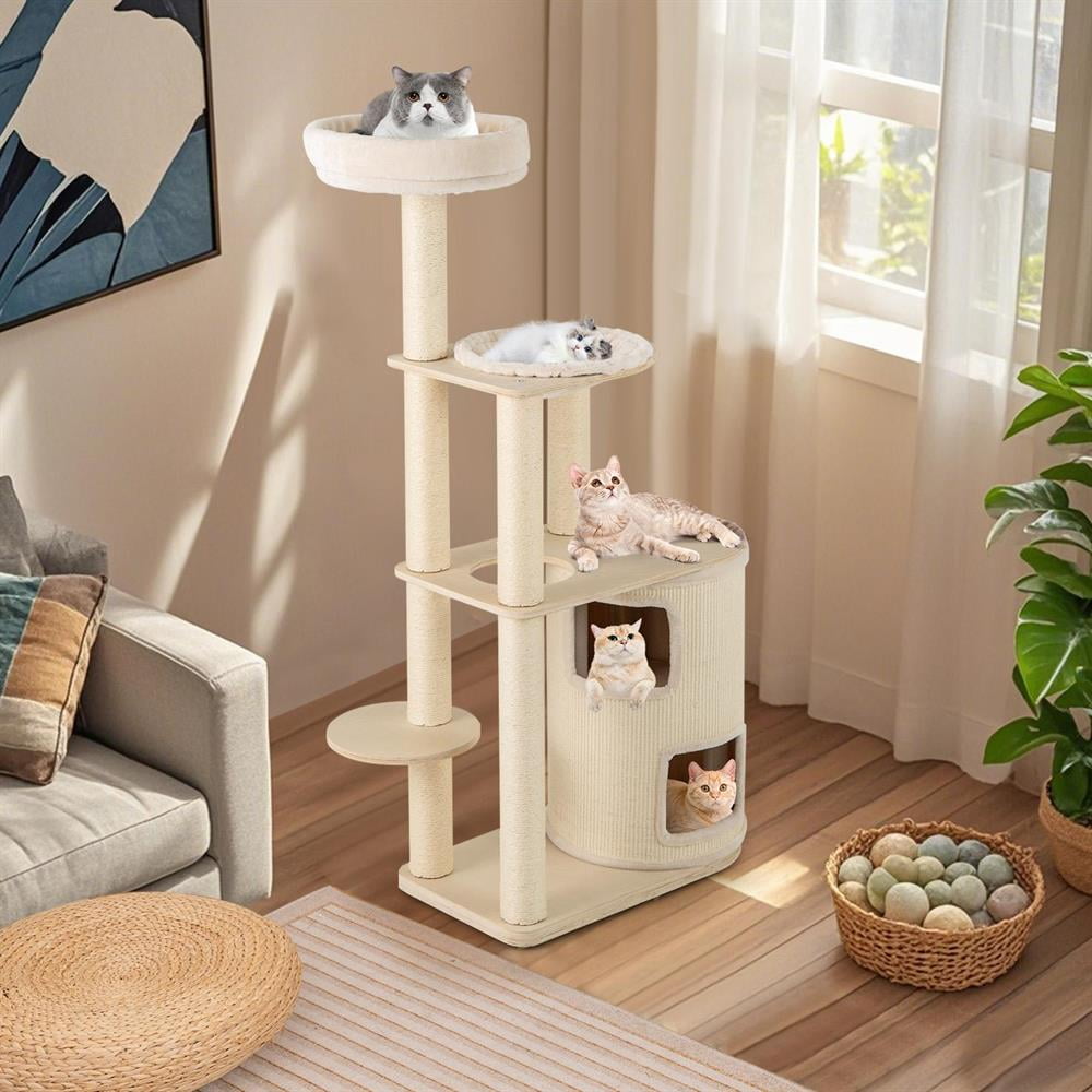 Choco Moon 60" Tall Cat Tree w/2-Story Condo & Sisal Posts, Cat Climbing Tower, Corner Cat Tree, Cat Condos for Indoor Cats-Natural