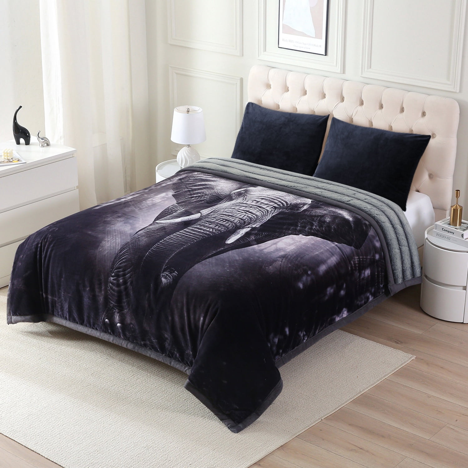 NC Faux Fur & Warm Fleece Blanket King Size 85"x93", A & B Printed Patterns 3-Ply Heavy Thick Microfiber Plush Blanket 8.5LB, Elephant & Dark Green