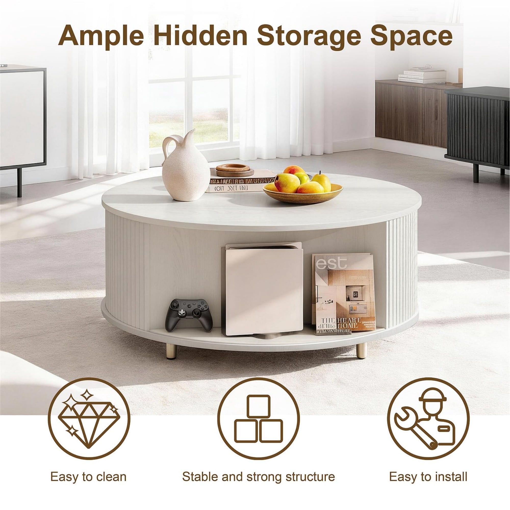 31.5" Round Coffee Table, Mid Century Modern Fluted Coffee Table with 360° Sliding Tambour Door & Storage, White