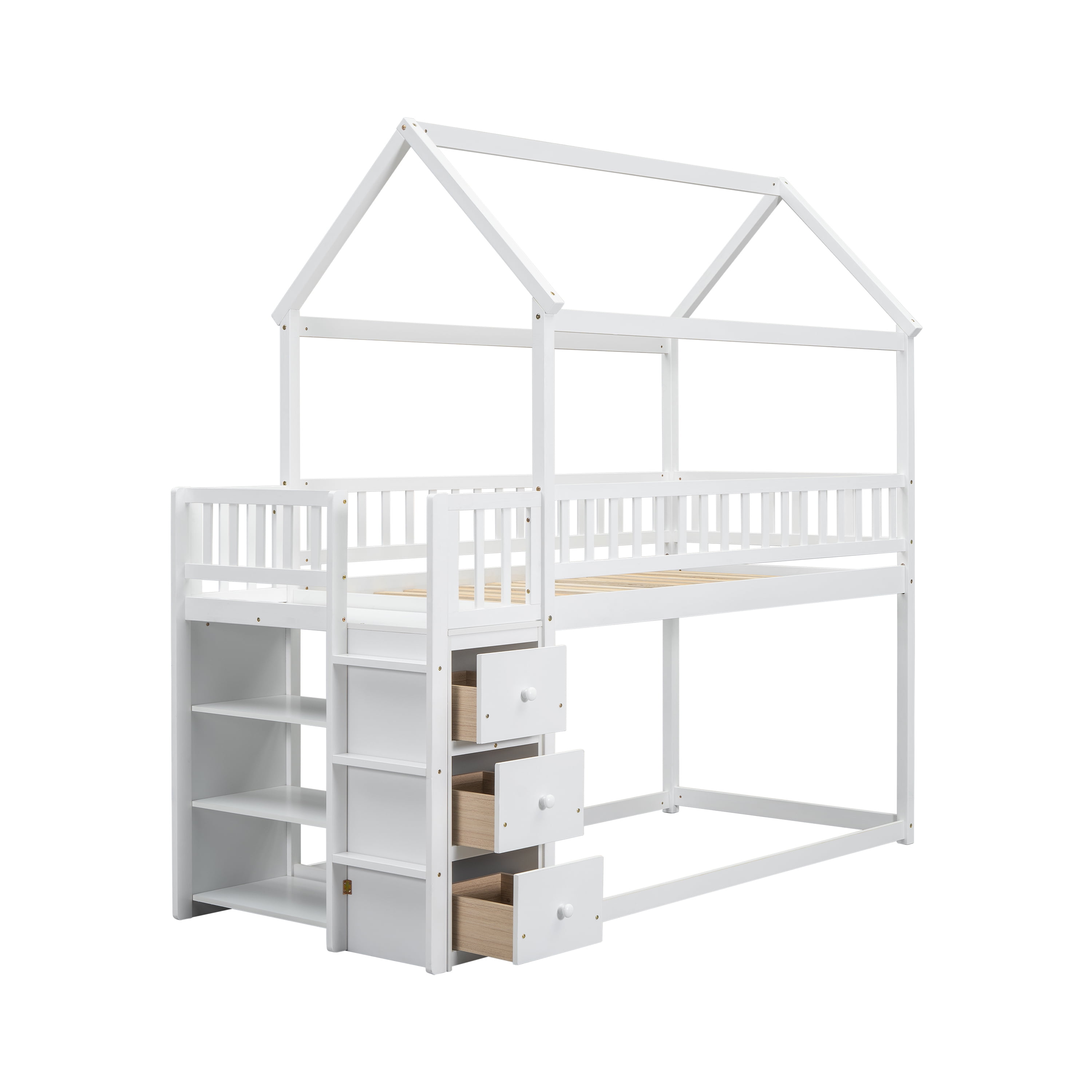 Euroco Twin over Twin Bunk Bed with Wardrobe, Drawer and Shelf, Trundle Bed for Kids Teens Room, White