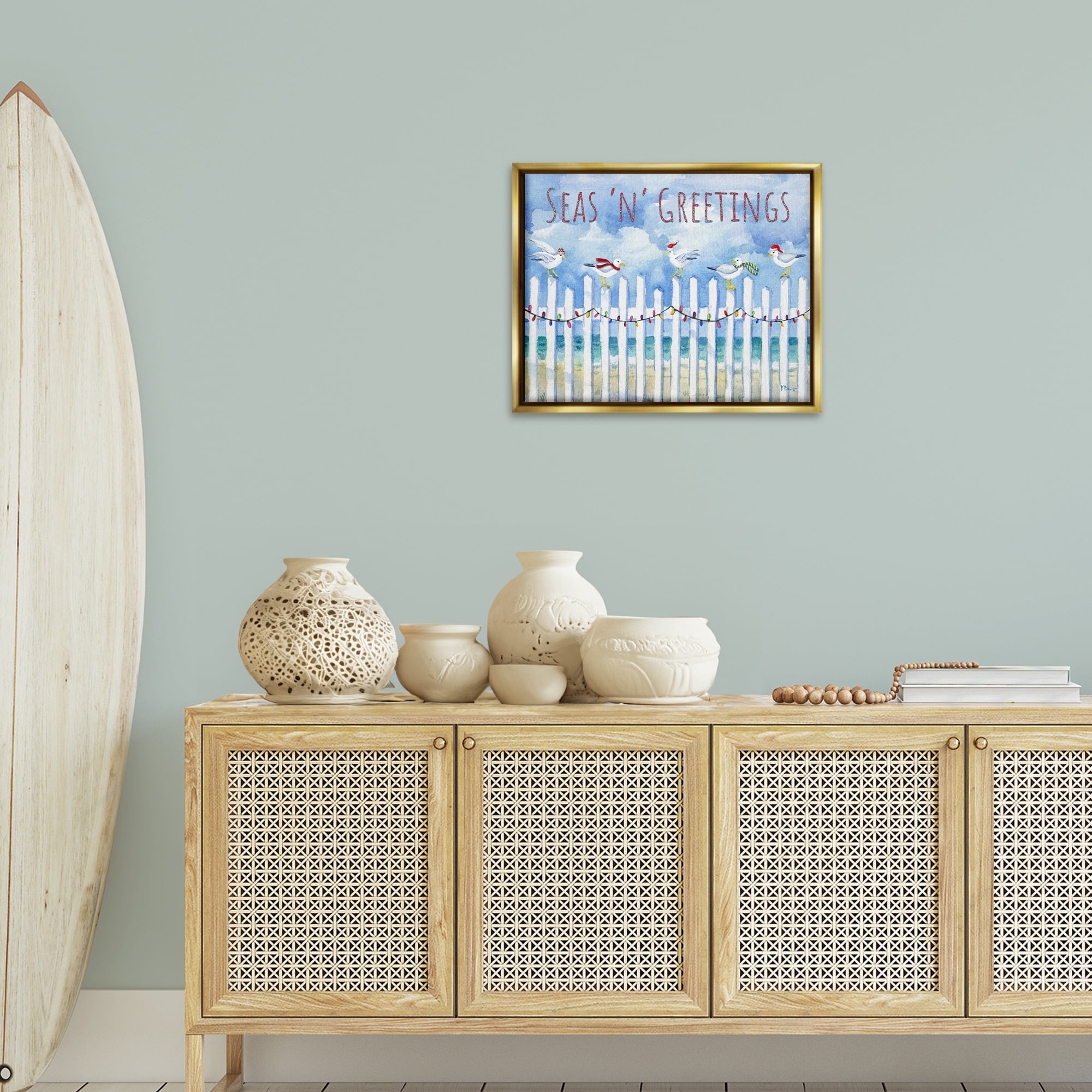 Stupell Industries Seas 'n' Greetings Seagulls Holiday Painting Gold Floater Framed Canvas Art Print Wall Art, 21 x 17
