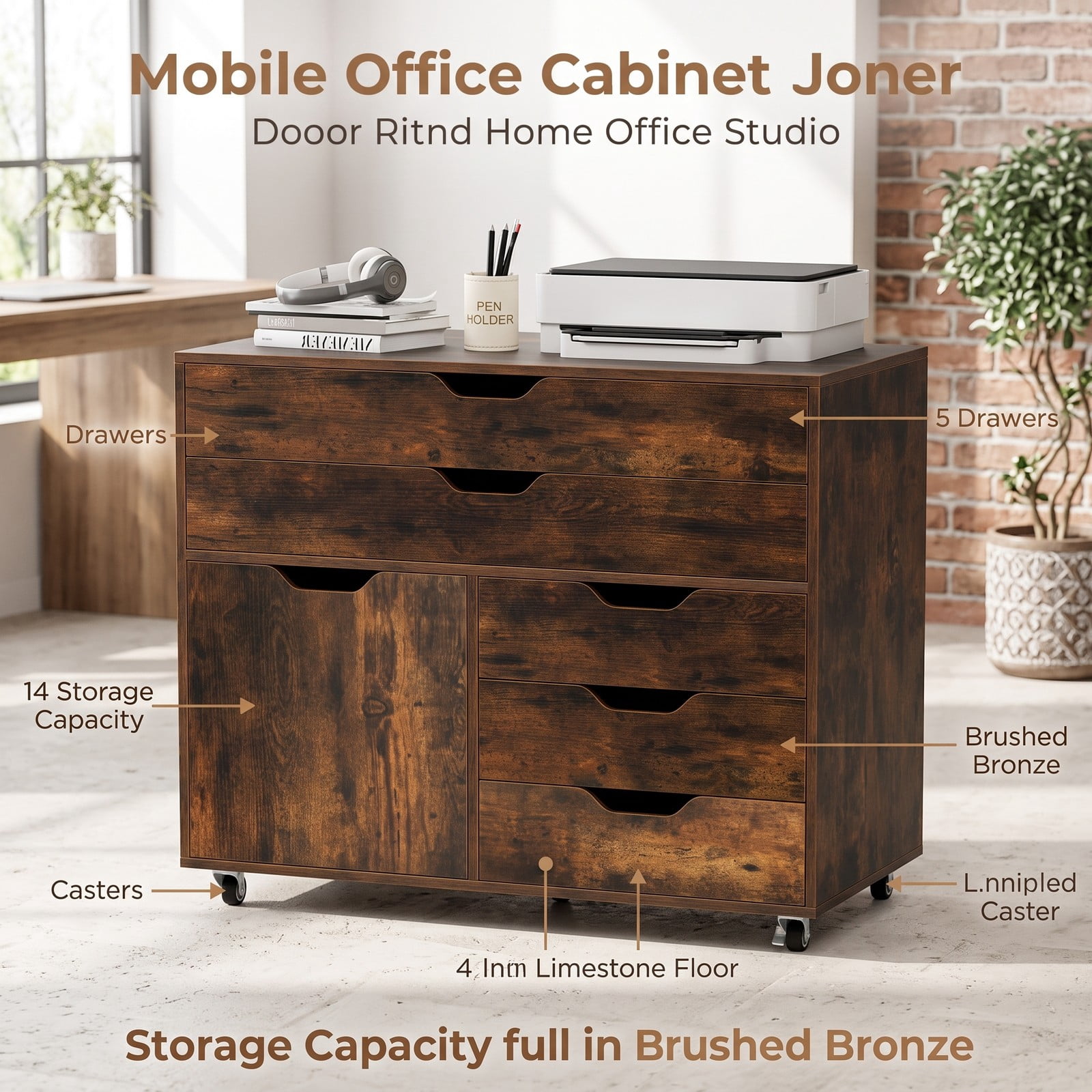 Furnibear Modern Vertical 5-Drawer Mobile Chest with Door, Rolling Storage Cabinet Dresser with 5 Lockable Swivel Casters, Wood File Cabinet Organizer for Home, Brown