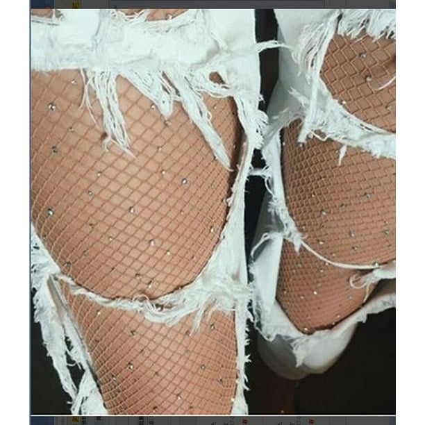 Women High Waist Tight Sparkle Rhinestone Fishnet Stockings Pantyhose 