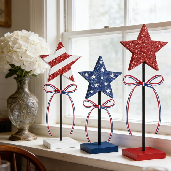 Chmadoxn Set of 3 Patriotic Wooden Star Tabletop Centerpiece, 4th of July Red White and Blue Glitter Freestanding Signs for Independence Memorial Day Mantel Desk Home Decor