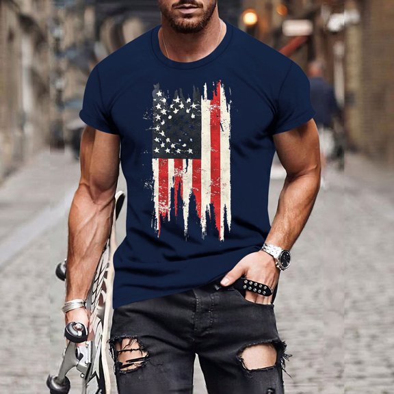 Goodtrade8 Mens Summer Tshirts Fourth of July Red White and Blue Pullover Short Sleeve Patriotic Outdoor American Flag Crew Neck Tops for Men