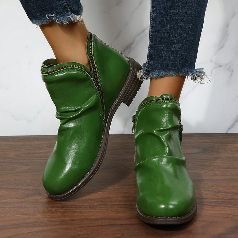 DAETIROS for Women Chunky Heel Boots Women Retro Thick Bottom Casual Plus Size Slip On Zipper Shoes Green Size 5.5 - Walmart.com