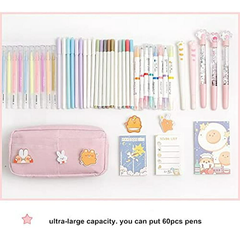 PIKADINGNIS Kawaii Pencil Case with 3pcs Pins Aesthetic Pencil Case Kawaii  Stationary Kawaii School Supplies (Pink) 