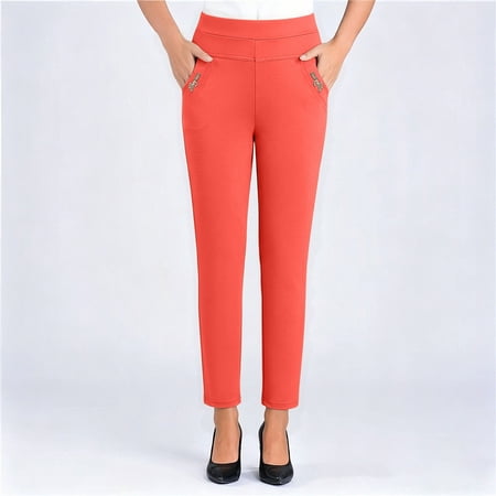 Women's Summer Straight Pants, Solid Color With Decorative Buttons & Pockets, Versatile Waist Design For Casual Daily Wear Orange XL